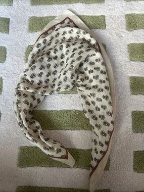 Elegant Cream Floral Print Scarf with Brown Trim